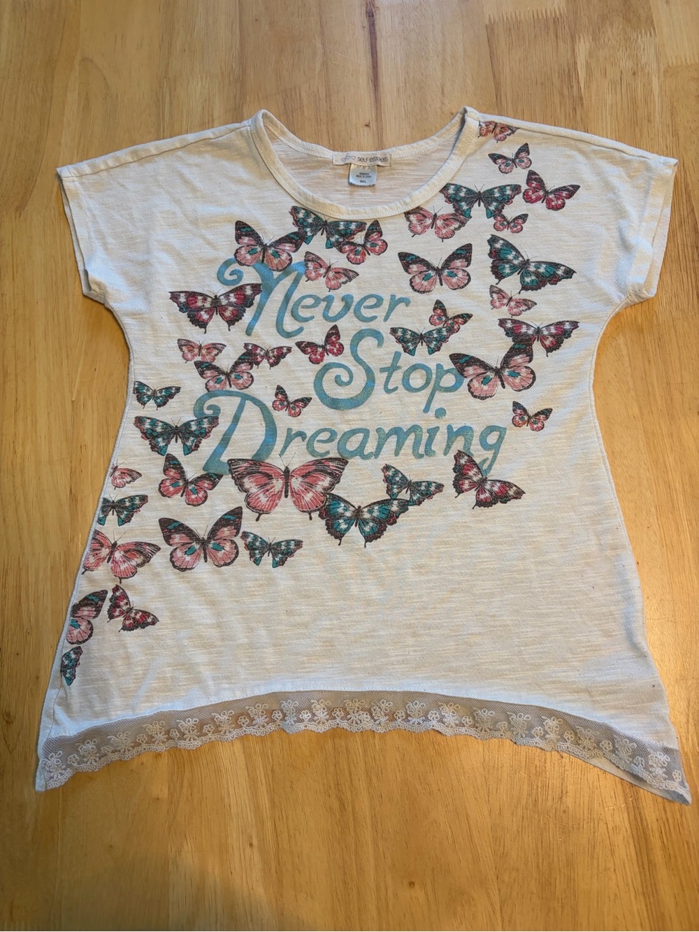 Self Esteem White Tee with Teal Script & Pink/Teal Butterflies